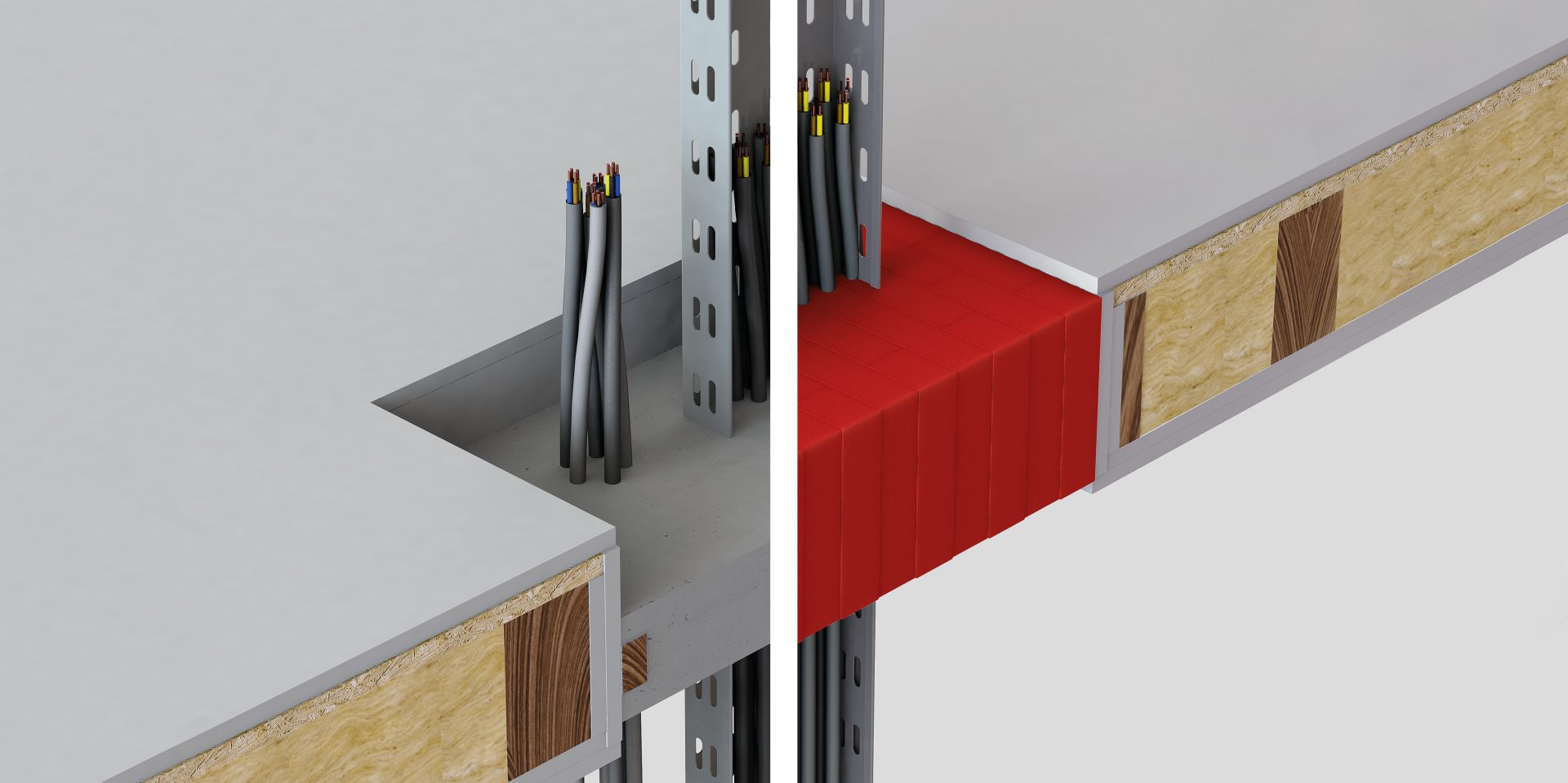 3D rendering showing a comparison of a traditional mortar solution (on the left) and dry Hilti firestop blocks  in red (on the right) through a timber floor