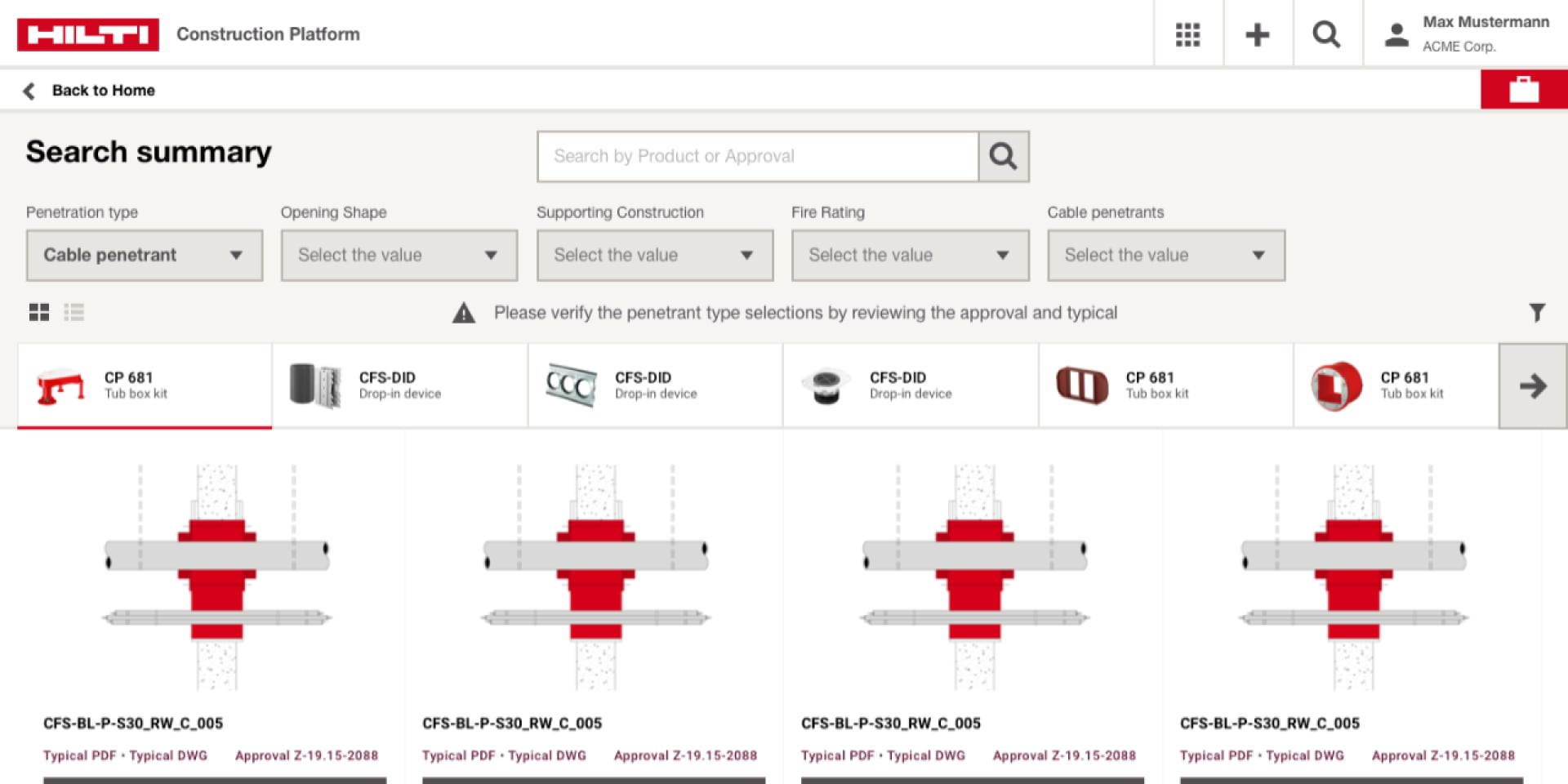 Screen shot of Firestop Selector digital approval library