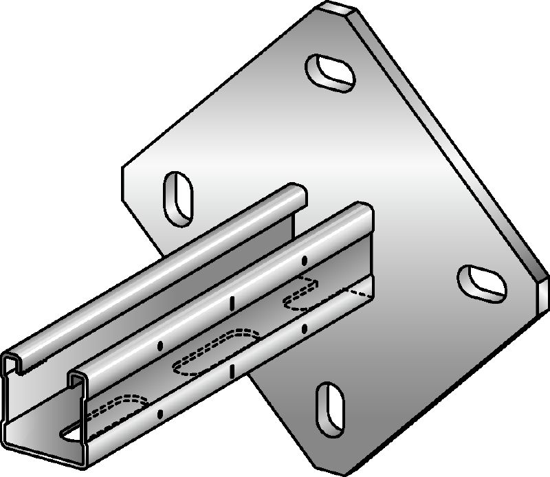 MQK-41/4 Bracket Galvanised bracket with a 41 mm high, single MQ strut channel with a square baseplate for higher rigidity