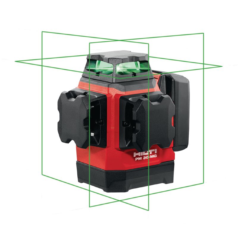 PM 30-MG multilinjalaser Monilinjainen laser kolmella vihreällä 360° linjalla luotisuoraan, vaaitukseen, kohdistukseen ja särmäykseen