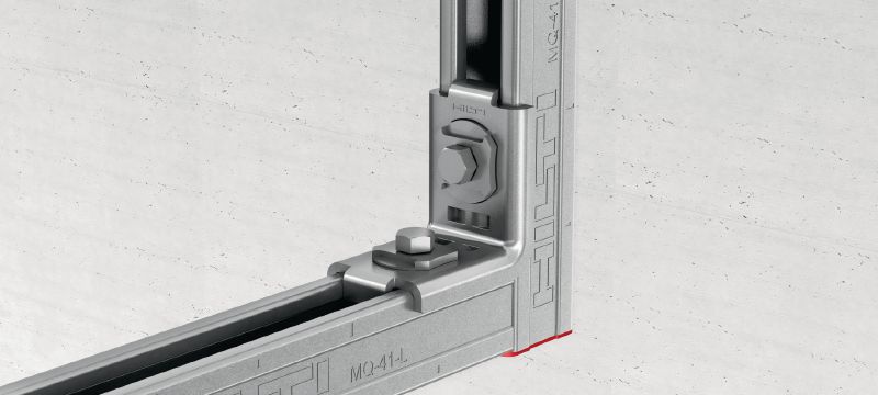 MQW-H2 Angle bracket Galvanised 90-degree angle bracket for connecting multiple MQ strut channels with high horizontal load capacity Applications 1