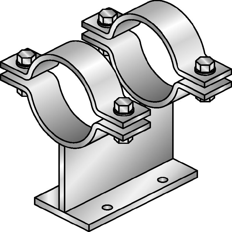 MI-PS 2/1 pipe shoes Hot-dip galvanised (HDG) double pipe shoes for fastening DN 25-300 pipes to MI girders in heavy-duty applications