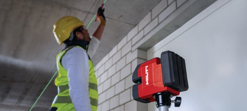PM 20-CG 12 V luoti- ja ristiviivalaser Vihreäsäteinen yhdistelmälaser kahdella linjalla ja neljällä pisteellä luotisuoraan, vaaitukseen, kohdistukseen ja särmäykseen (12 V akkualusta) Sovellukset 1