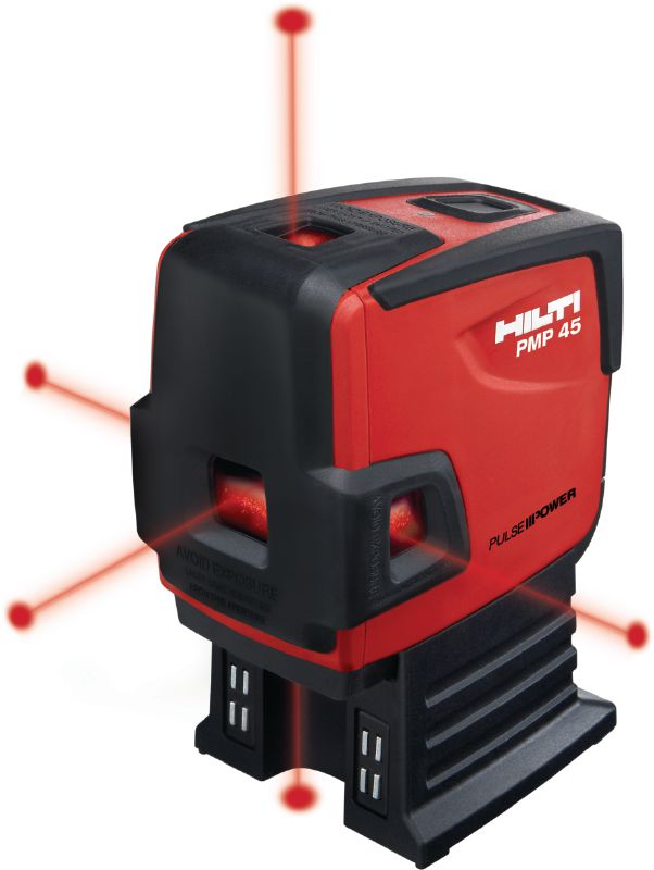 PMP 45 nelipistelaser Nelipistelaser viidellä punaisella säteellä luotisuoraan, vaaitukseen, kohdistukseen ja särmäykseen