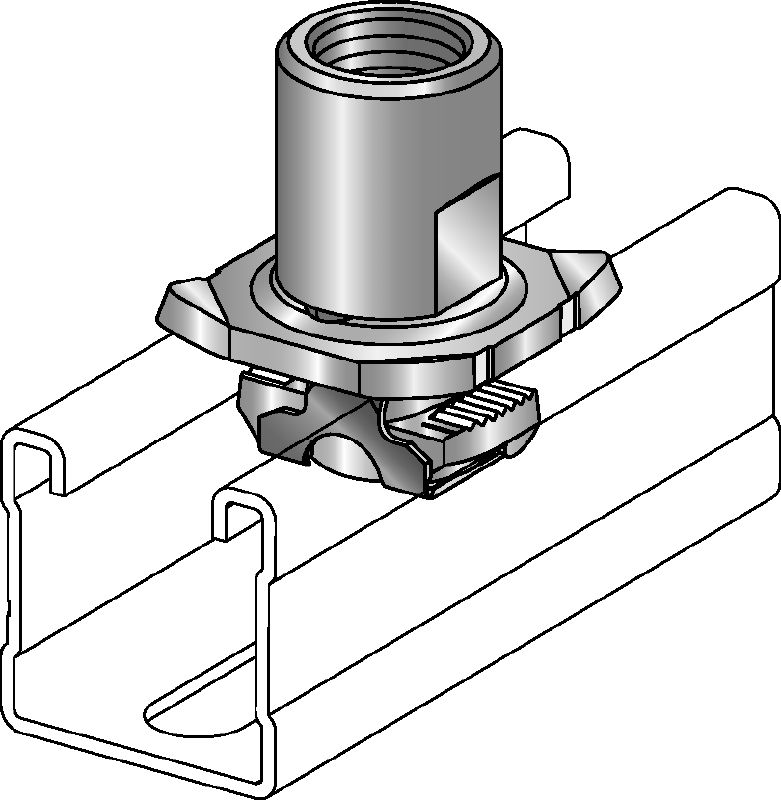 MQA Galvanised pipe clamp saddle (imperial) with an adaptor for connecting threaded components to MQ strut channels